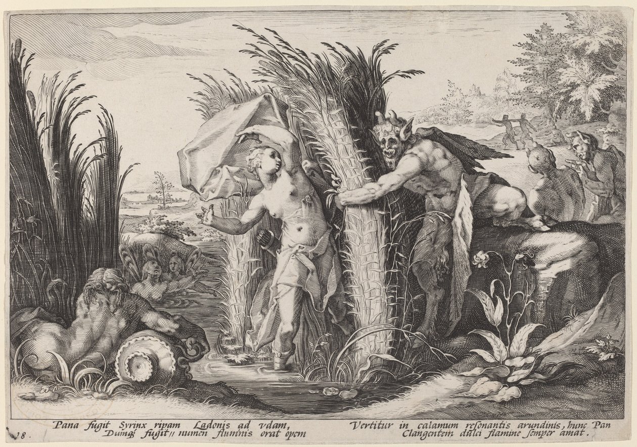 Pan ja Syrinx tekijältä Workshop of Hendrick Goltzius, after Hendrick Goltzius