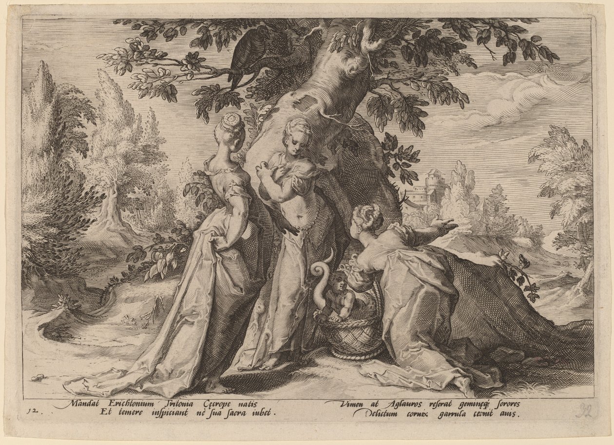 Cecropsin tyttäret avaavat Minervan heille uskoman arkun tekijältä Workshop of Hendrick Goltzius, after Hendrick Goltzius