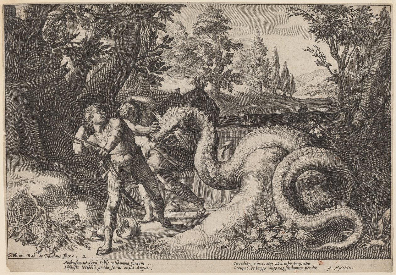Lohikäärme syö Cadmuksen seuralaisia tekijältä Workshop of Hendrick Goltzius, after Hendrick Goltzius