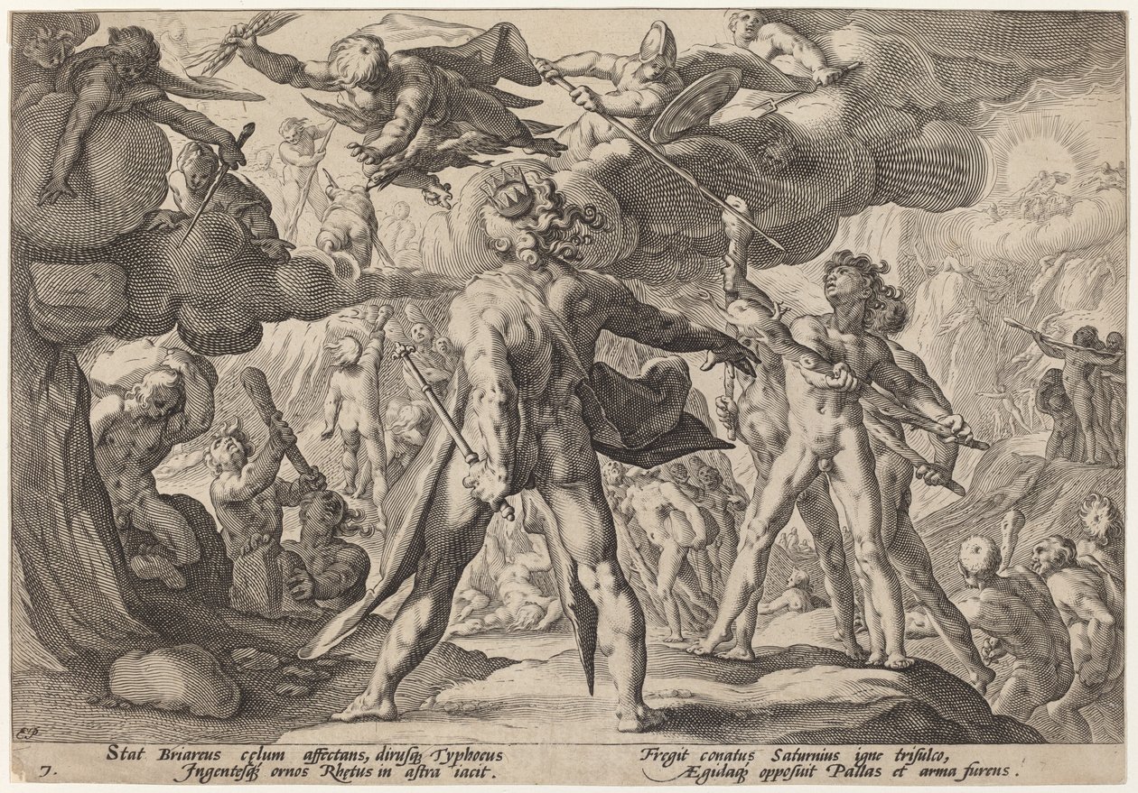 Jättiläiset kiipeämässä taivaaseen tekijältä Workshop of Hendrick Goltzius, after Hendrick Goltzius