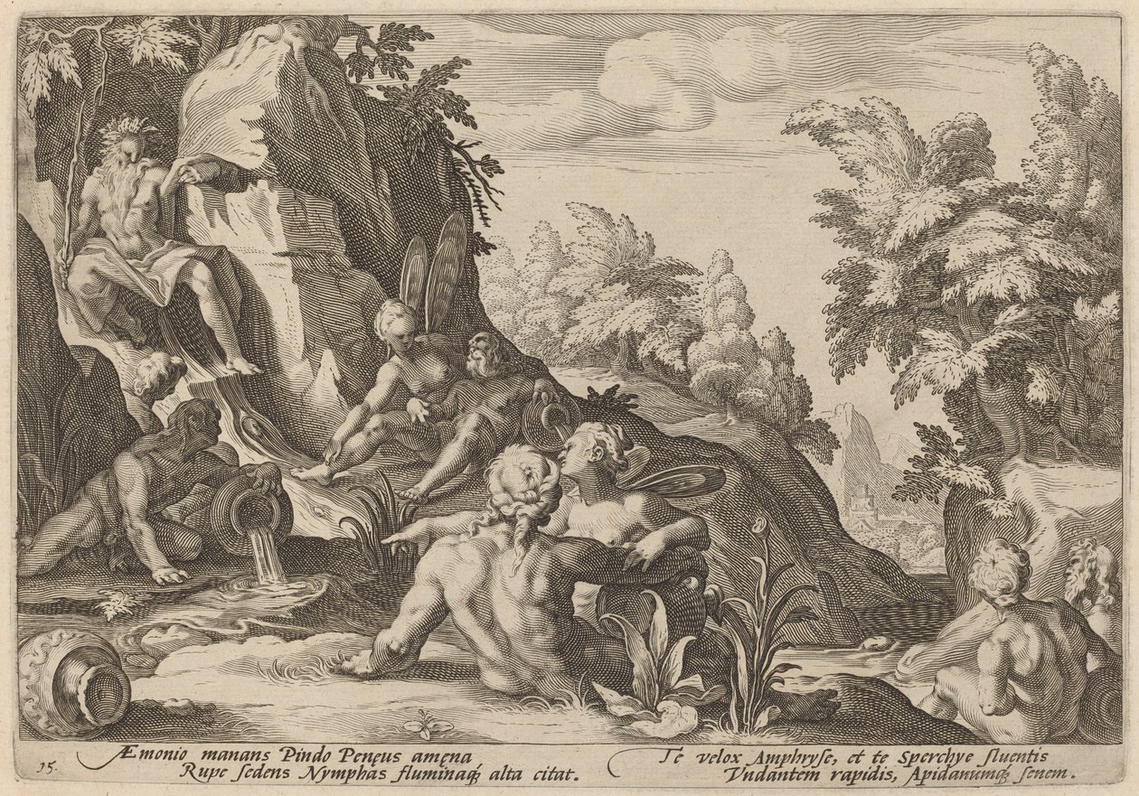 Peneus-joki muiden jumaluuksien ympäröimänä tekijältä Workshop of Hendrick Goltzius, after Hendrick Goltzius