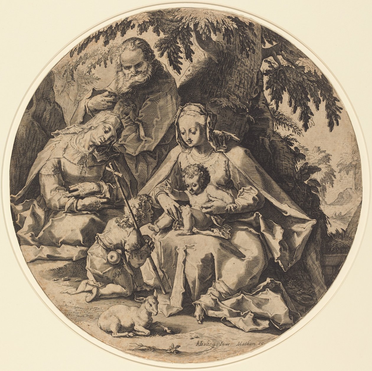 Pyhä perhe Pyhän Elisabetin ja Pyhän Johannes Kastajan kanssa tekijältä Workshop of Jacob Matham, after Hendrik Goltzius