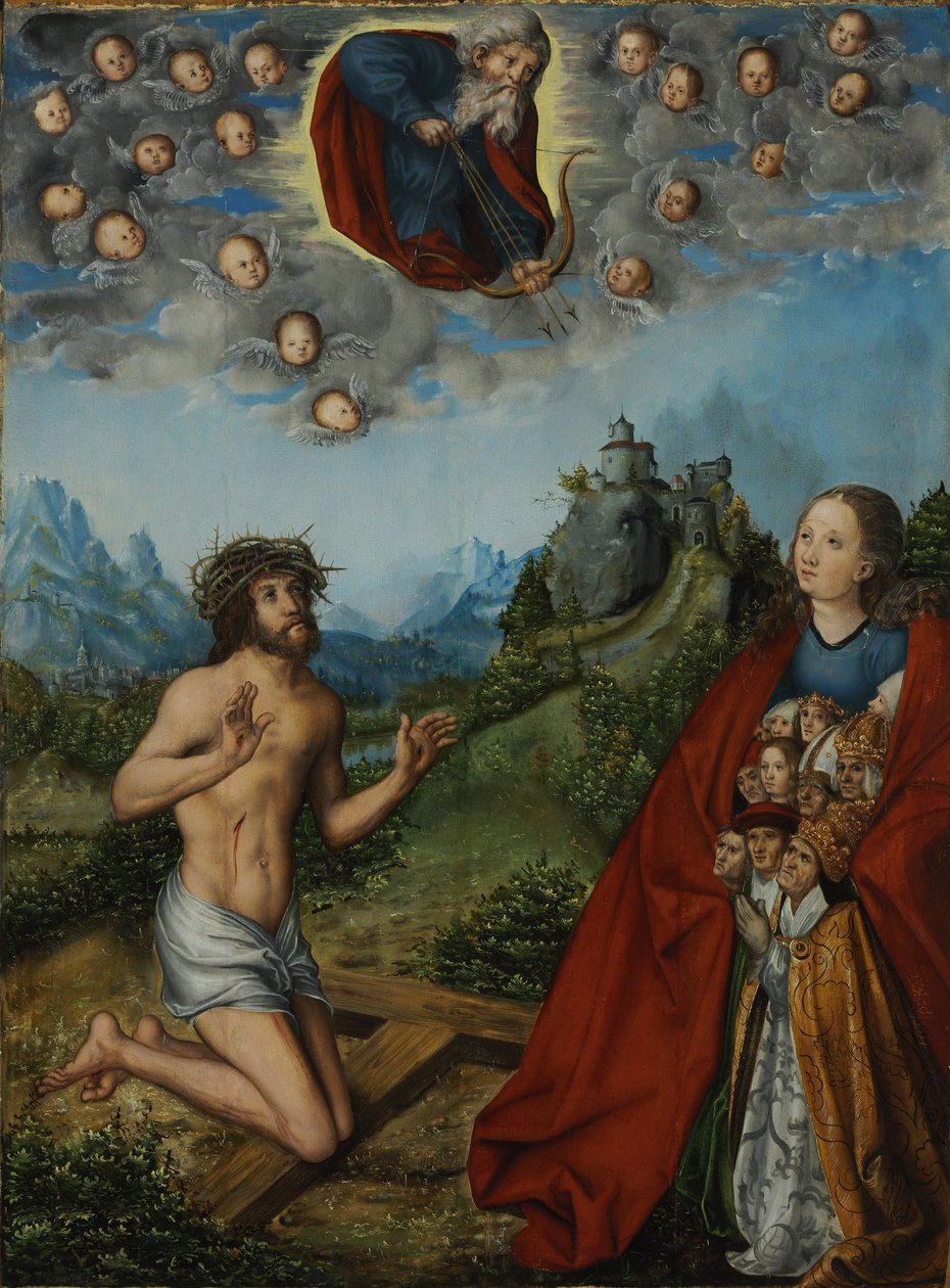 Kristus ja Neitsyt rukoilevat ihmiskunnan puolesta Isän Jumalan edessä (Kolme vitsausta). tekijältä workshop of Lucas Cranach the Elder