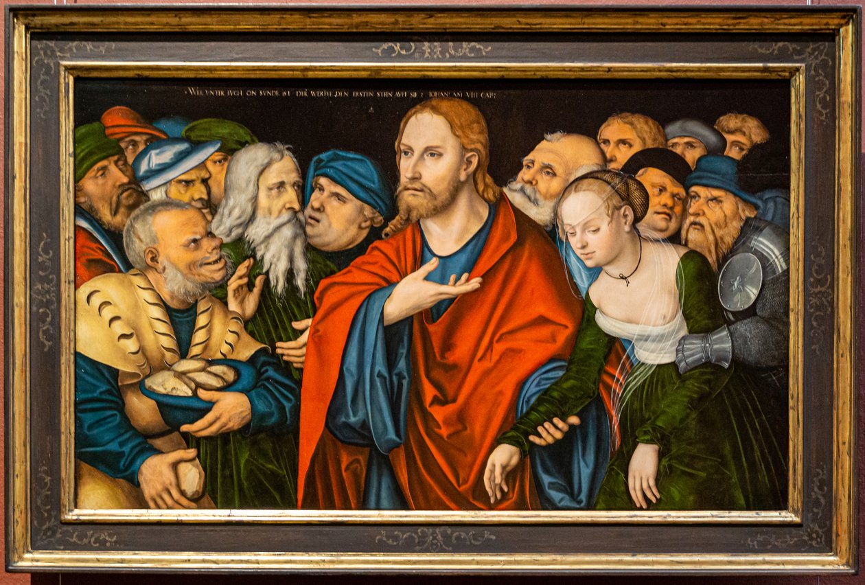 Saksa: Christus und die Ehebrecherin Kristus ja aviorikoksesta tuomittu nainen tekijältä workshop of Lucas Cranach the Elder