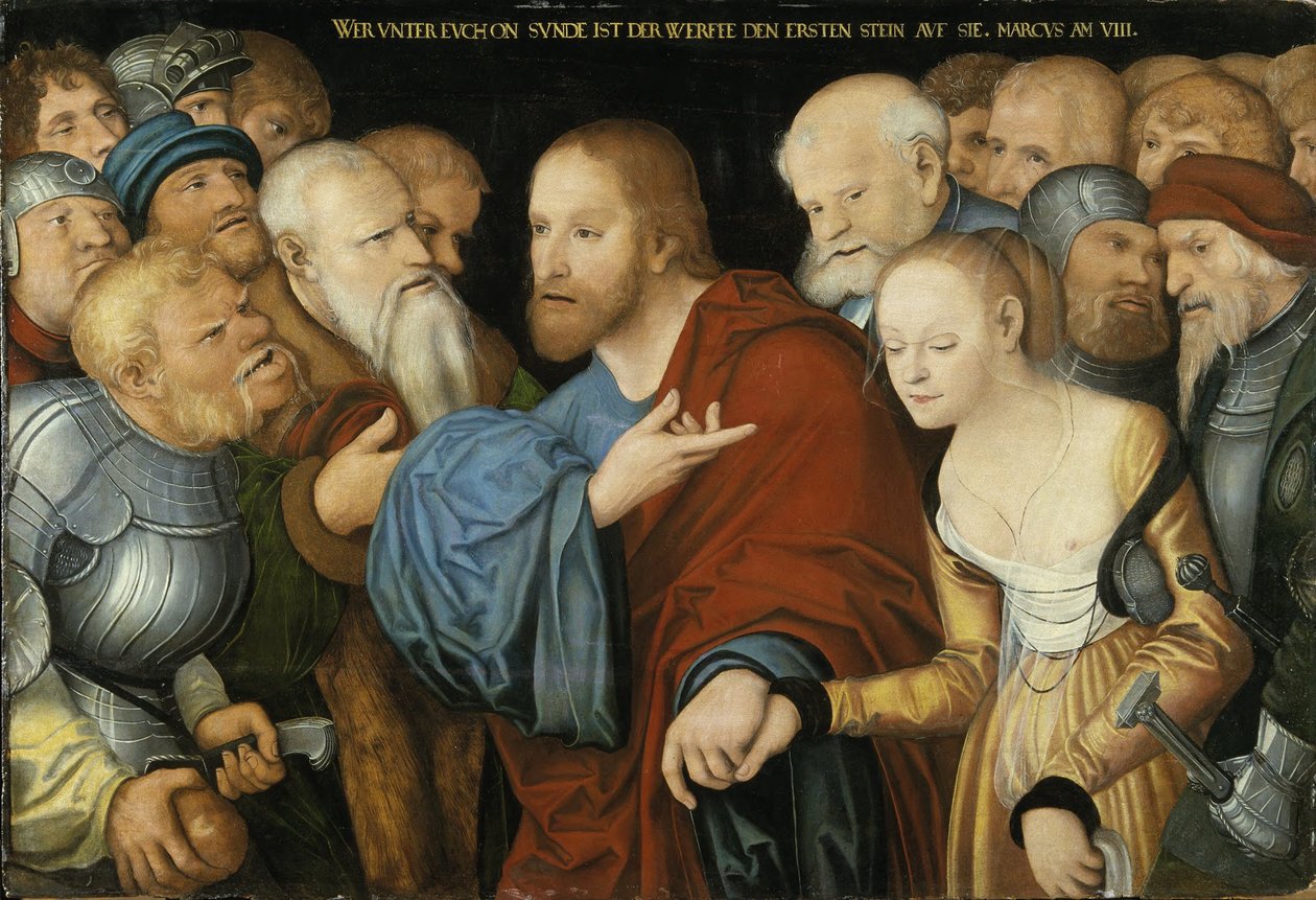 Saksa: Christus und die Ehebrecherin Kristus ja aviorikoksesta tuomittu nainen tekijältä workshop of Lucas Cranach the Elder