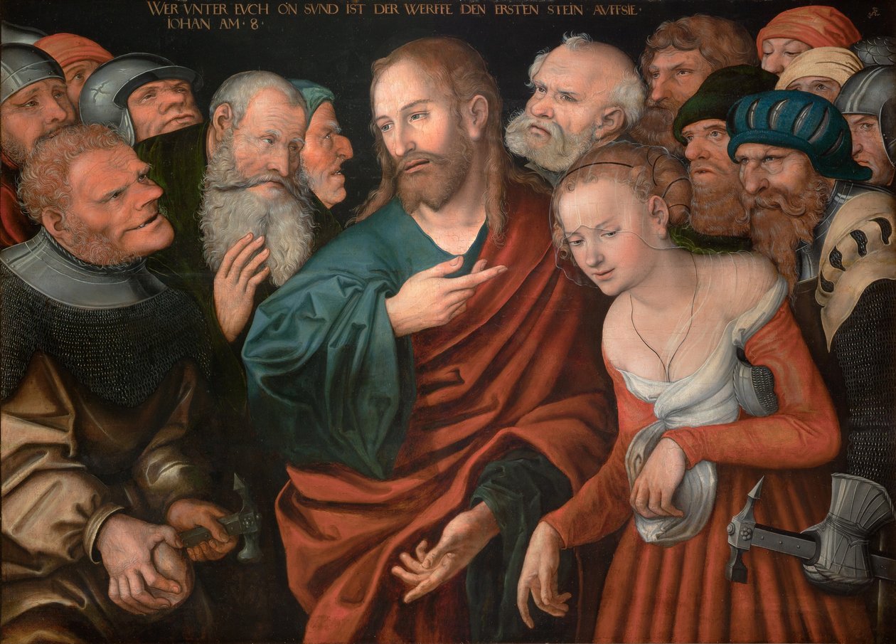 Saksa: Christus und die Ehebrecherin Jeesus Kristus ja aviorikoksesta vangittu nainen. tekijältä workshop of Lucas Cranach the Elder