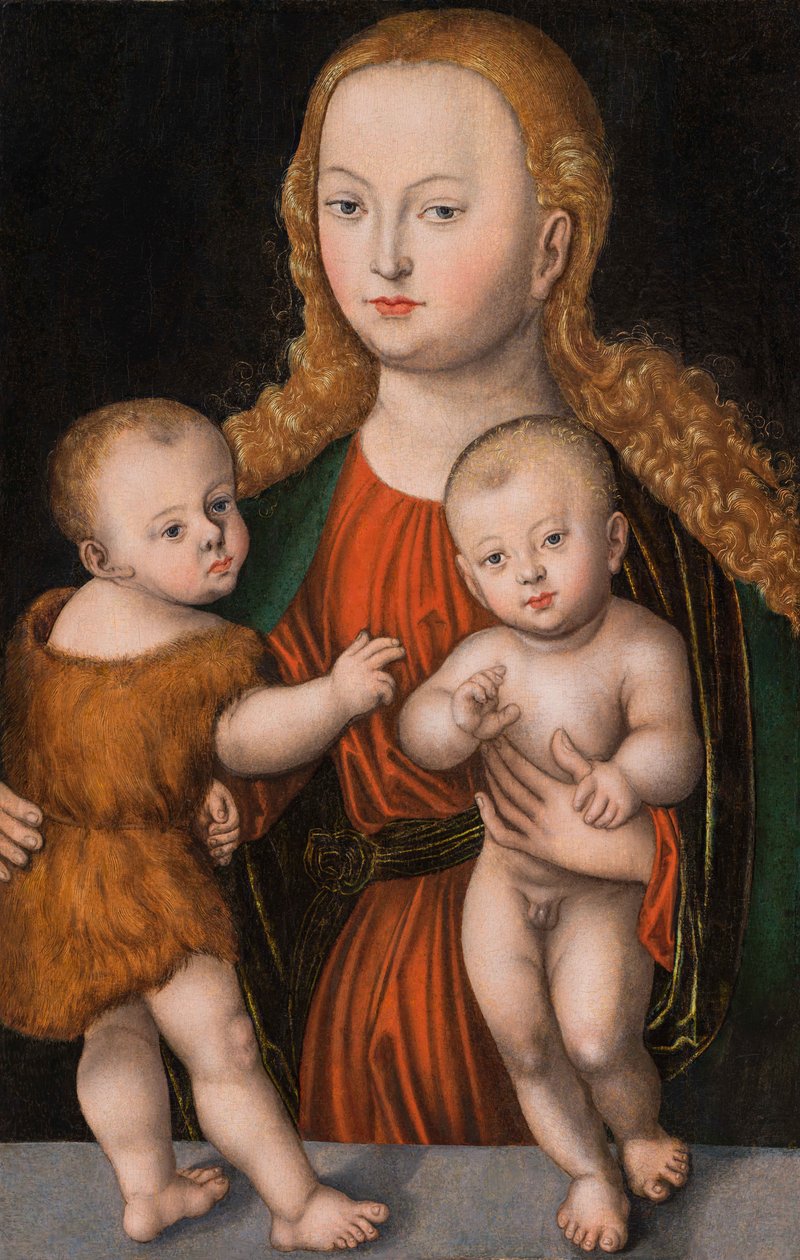 Saksaksi: Madonna mit Kind und Johannesknaben Neitsyt ja lapsi sekä Johanneslapsi tekijältä workshop of Lucas Cranach the Elder