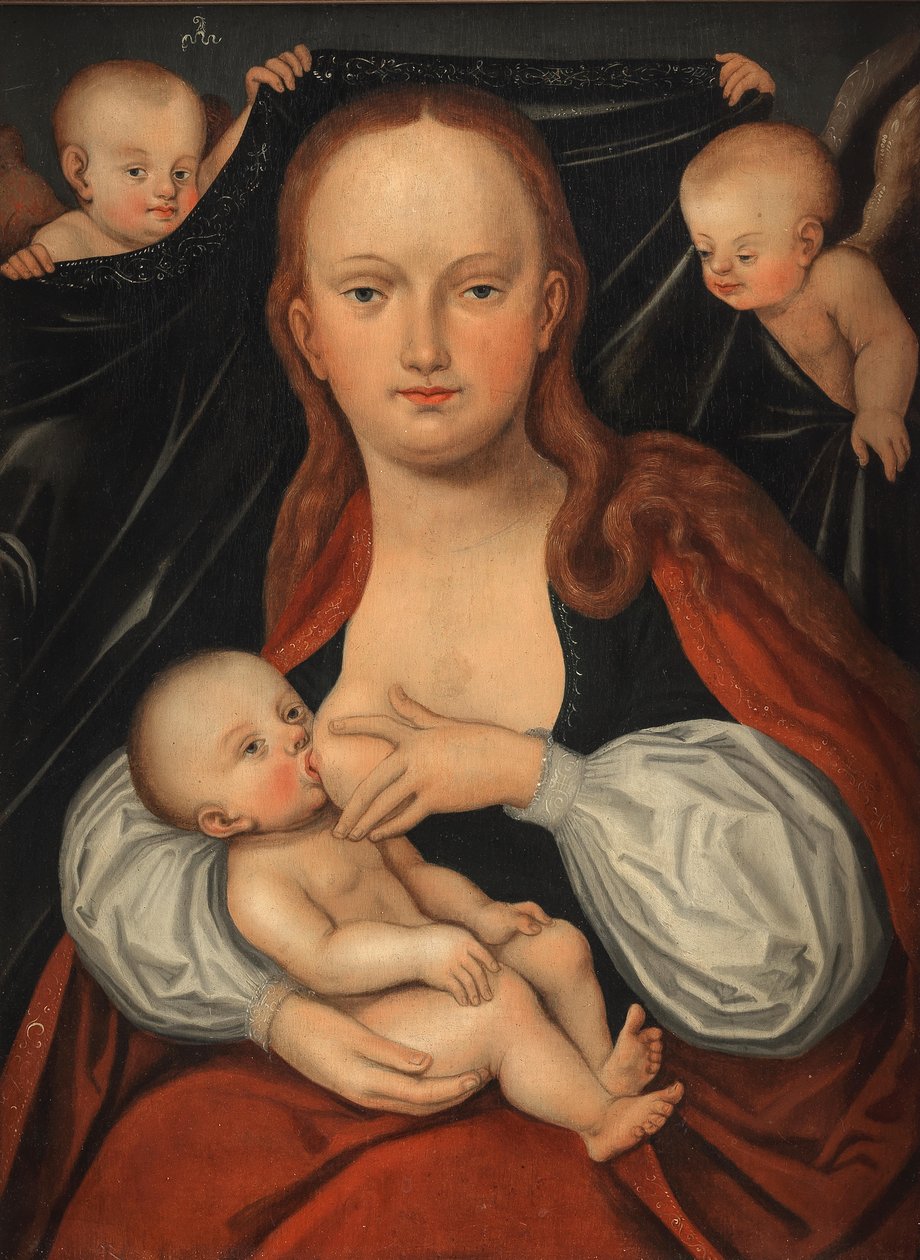 Madonna ja lapsi kahden enkelin pitelemän verhon edessä. tekijältä workshop of Lucas Cranach the Elder