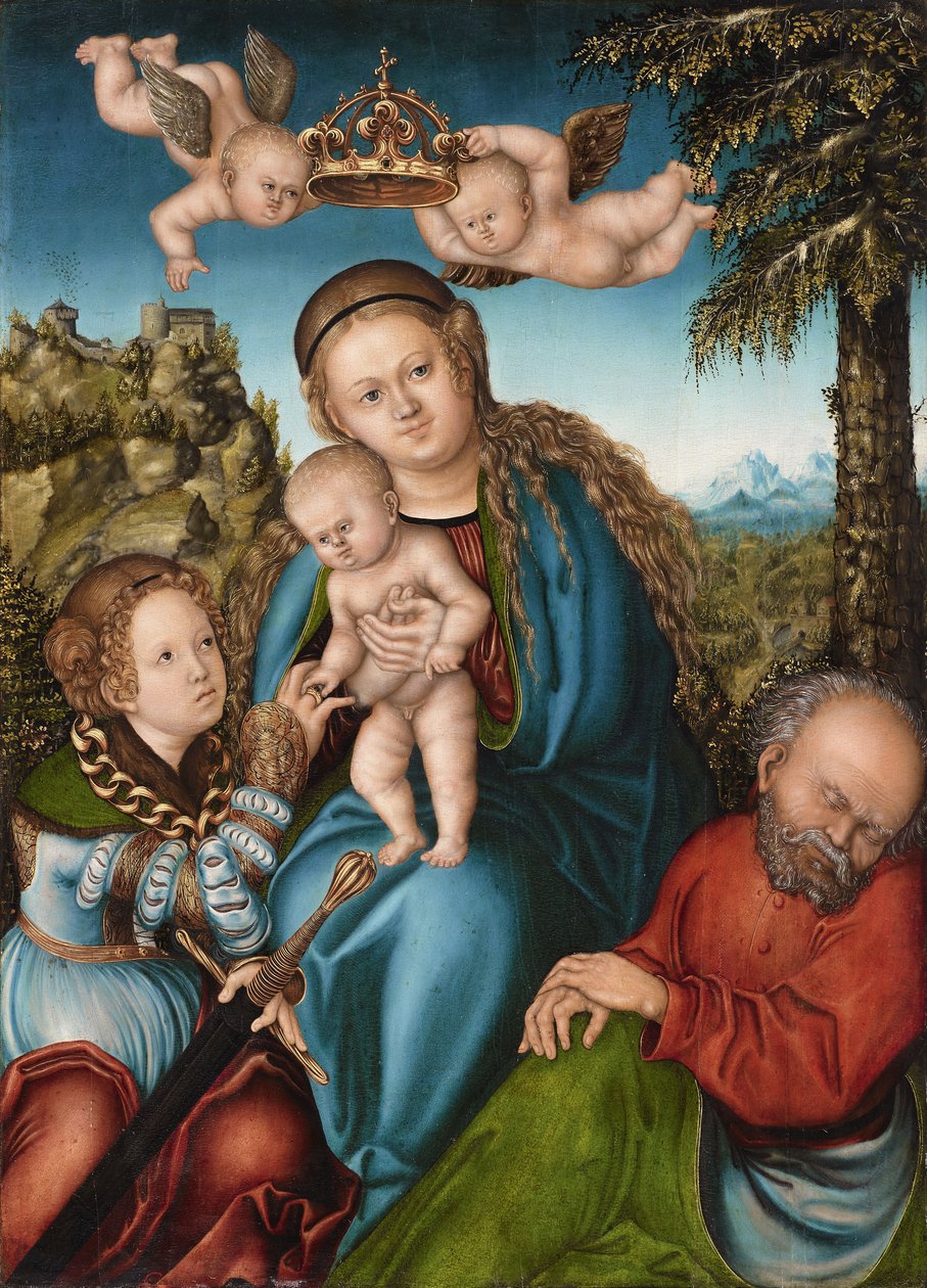 Pyhän Katariinan mystinen avioliitto tekijältä workshop of Lucas Cranach the Elder