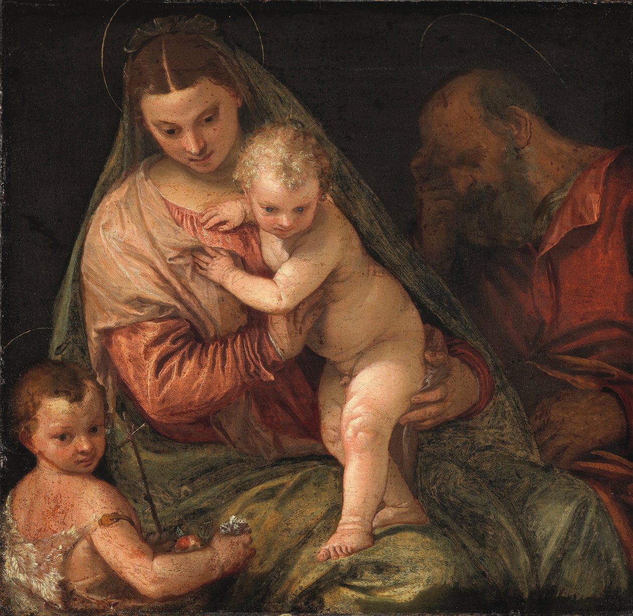 Pyhä perhe lapsen kanssa Pyhä Johannes Kastaja tekijältä Workshop of Paolo Veronese