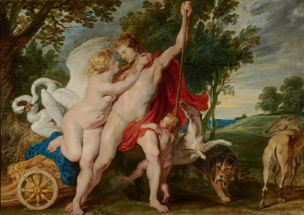 Venus yrittää estää Adonista lähtemästä metsästykseen tekijältä Workshop of Peter Paul Rubens