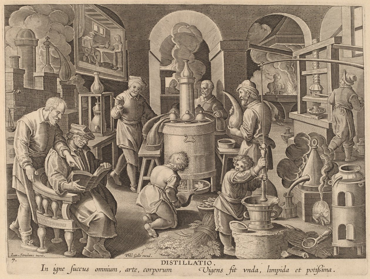 Distillatio (tislaus) tekijältä Workshop of Philip Galle after Jan van der Straet
