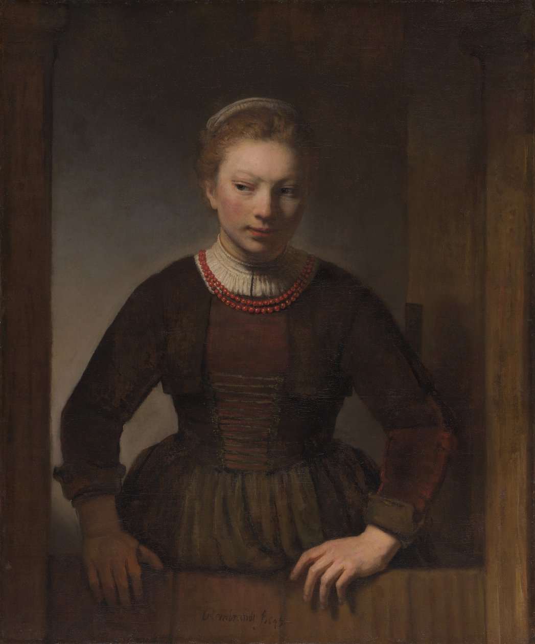 Nuori nainen avoimen puolioven luona tekijältä Workshop of Rembrandt van Rijn