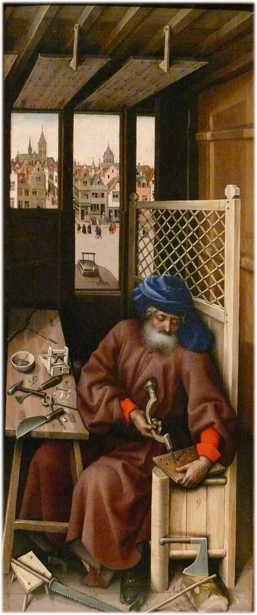 Vaihtoehtoinen nimi(t):   Méroden alttaritaulu
oikea paneeli: Pyhä Joosef puuseppänä tekijältä Workshop of Robert Campin