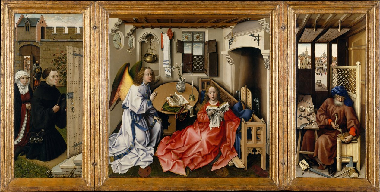 Méroden alttaritaulu (Ilmestyskirja-triptyykki) tekijältä Workshop of Robert Campin