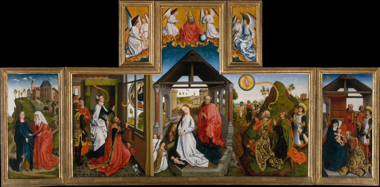 Syntymä, 1400-luvun puoliväli (tempera ja öljy puulle) tekijältä Workshop of Rogier van der Weyden