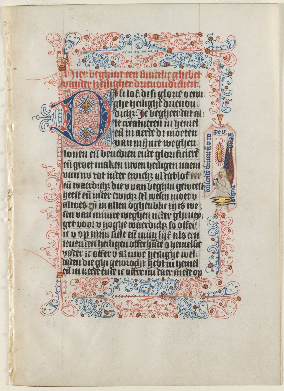 Lehti irrotettu tuntikirjasta: Enkeli banderoleineen kukoistavan rajan sisällä..., n. 1475. tekijältä Workshop of the Convent of St.