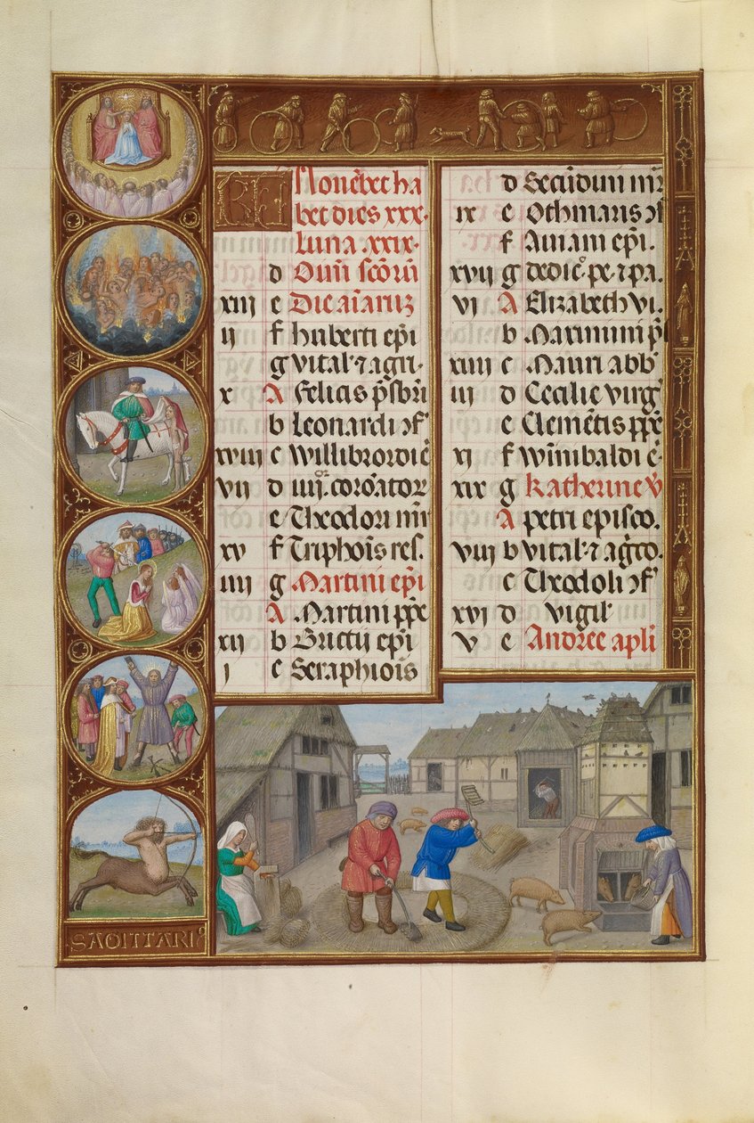 Kyntö ja sikojen ruokinta; horoskooppimerkki Jousimies tekijältä Workshop of the Master of James IV of Scotland