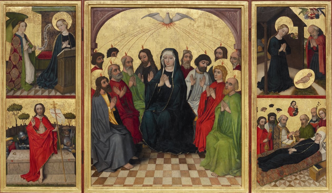 Pyhän Hengen retable auki. Helluntai, ilmestys, syntymä, Kristuksen ylösnousemus ja Neitsyen kuolema, n. 1448 tekijältä Workshop of the Wolfgang Retable