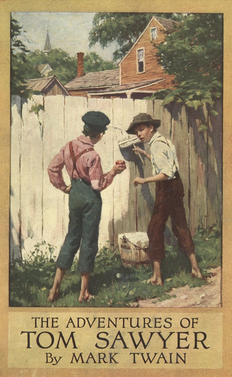 Mark Twainin (1835 - 1910) pölytakki Tom Sawyerin seikkailuihin, pub. 1910 (väri litho) tekijältä Worth Brehm