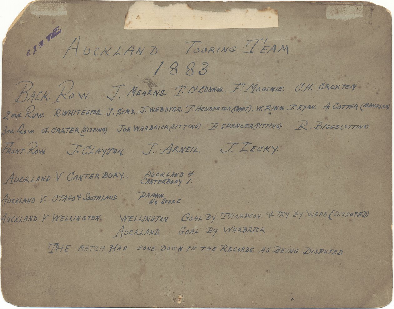 Auckland Touring Team, 1883 (gelatiinihopeaprintti) tekijältä Wrigglesworth and Binns