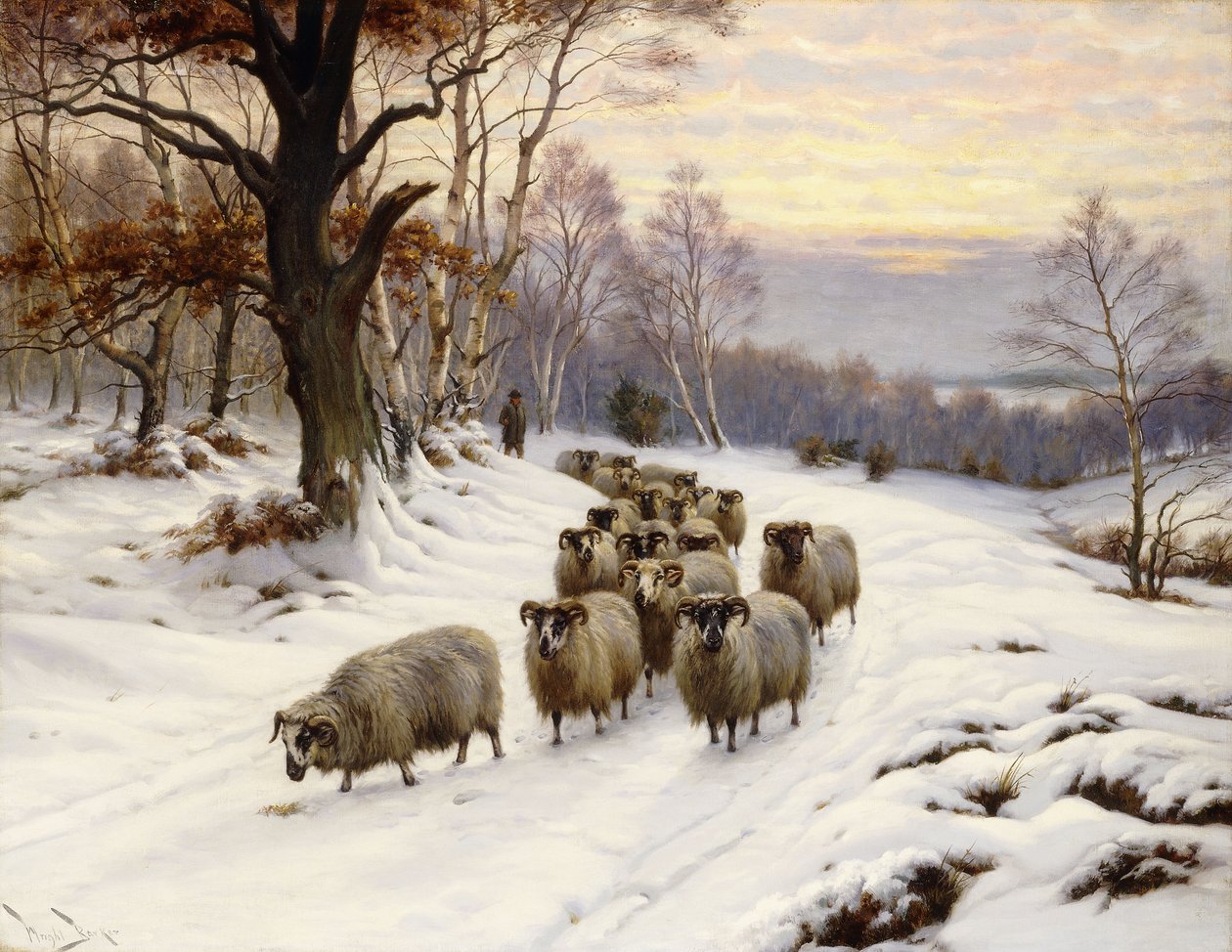 Paimen ja hänen laumansa polulla talvella tekijältä Wright Barker