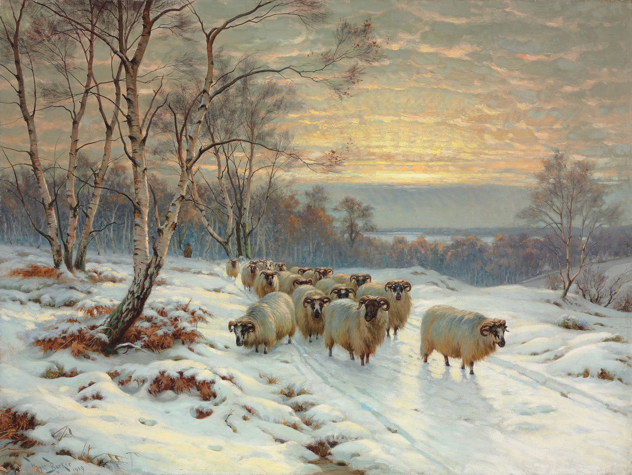 Paimen laumansa kanssa talvimaisemassa tekijältä Wright Barker