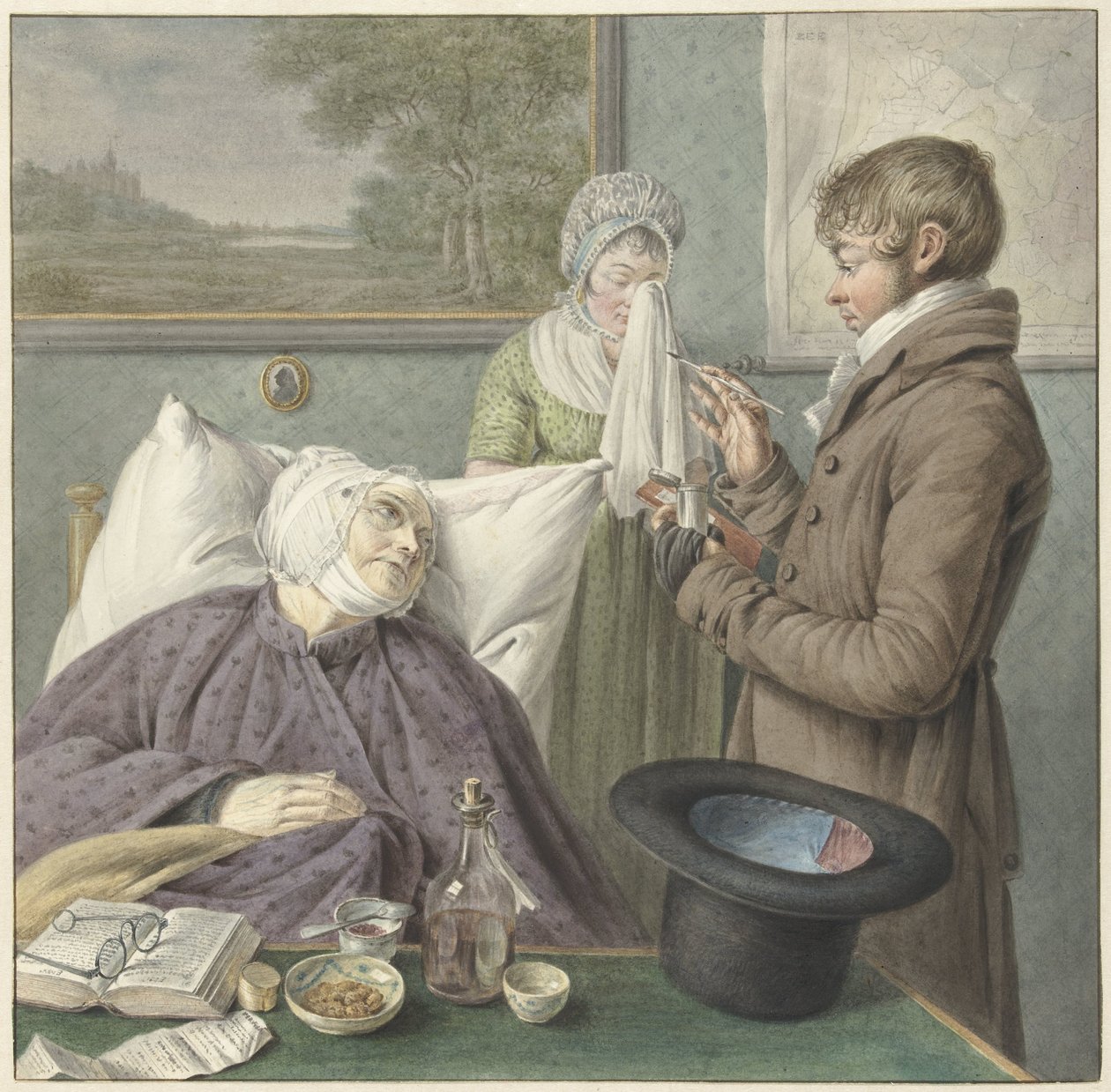 Lääkäri vierailee sairaan vanhan naisen luona sängyssä tekijältä Wybrand Hendriks (attributed to)