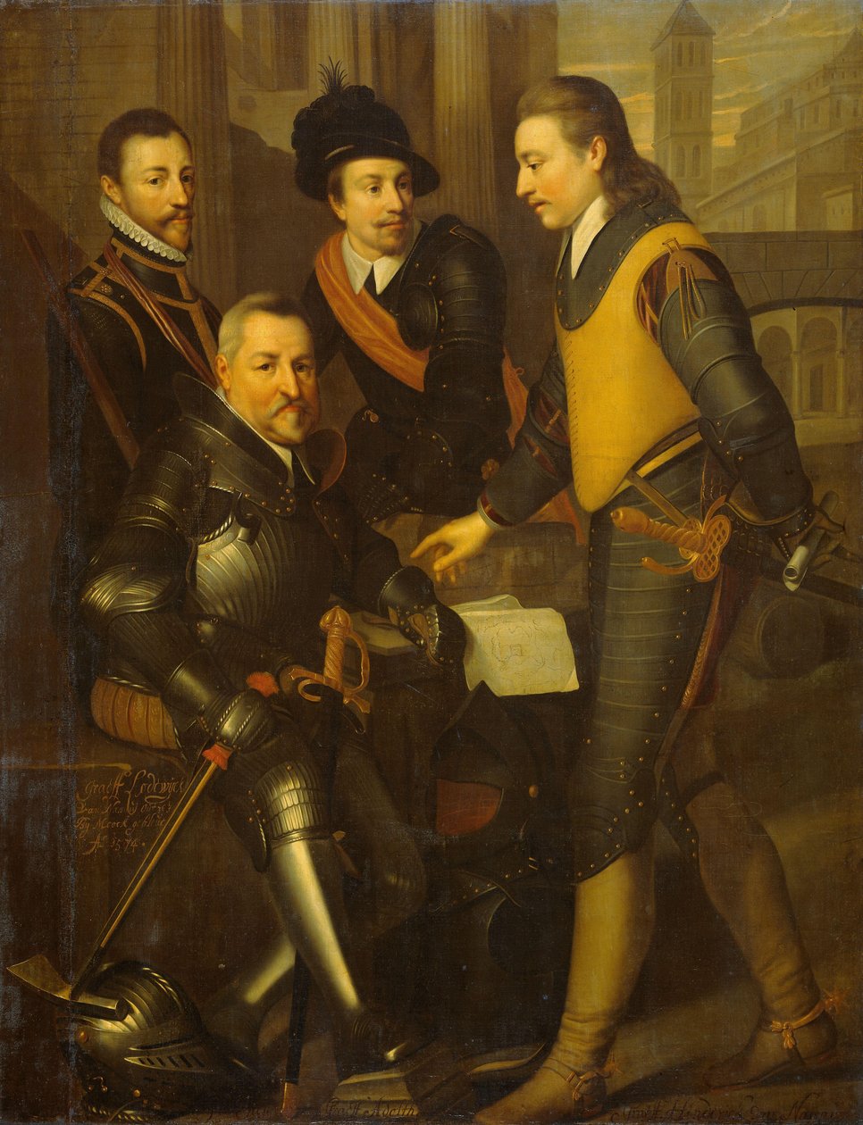 Ryhmämuotokuva Orangen prinssin William I:n neljästä veljestä: Jan (1535-1606), Hendrik (1550-74), Adolf (1540-68) ja Lodewijk (1538-74), Nassaun kreivit tekijältä Wybrand de Geest (I) (workshop of)