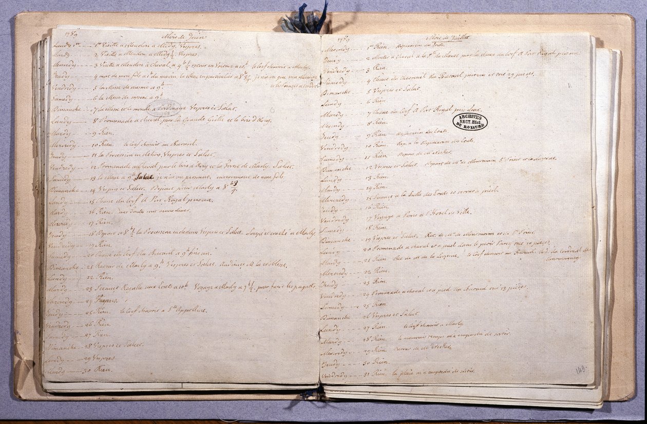 Louis XVI:n lehti. Kesäkuu ja heinäkuu 1789. Vihko 17X21 cm. Nationales. Pariisi tekijältä XVI Louis