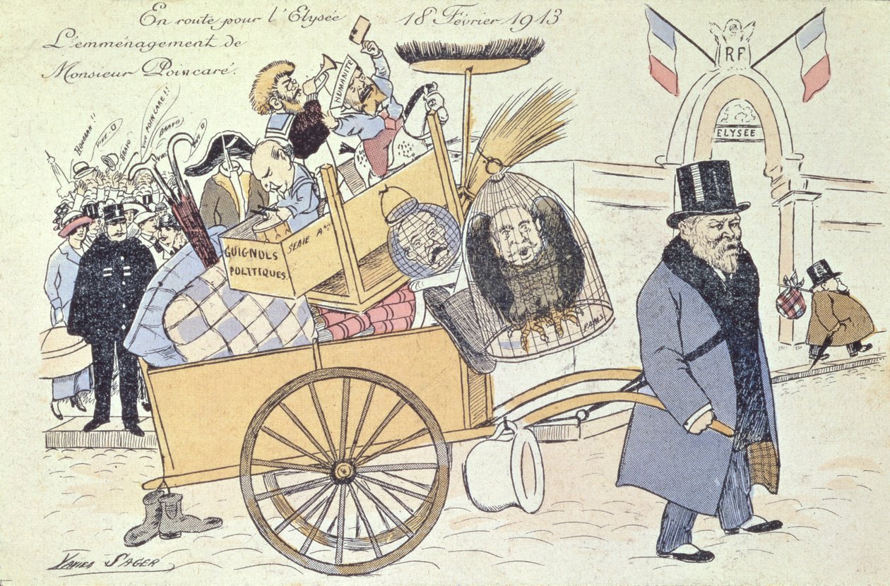 Karikatyyri Raymond Poincaresta (1860-1934) muuttamassa Elyseen palatsiin helmikuussa 1913 tekijältä Xavier Sager