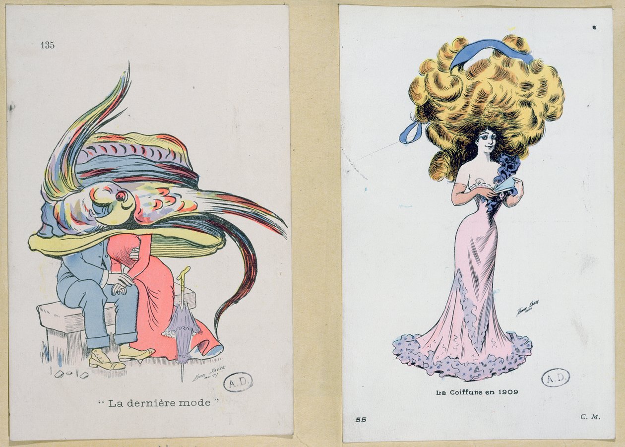"La Derniere Mode", hius- ja hattutyylejä karikaroivat muotilevyt, 1909 tekijältä Xavier Sager