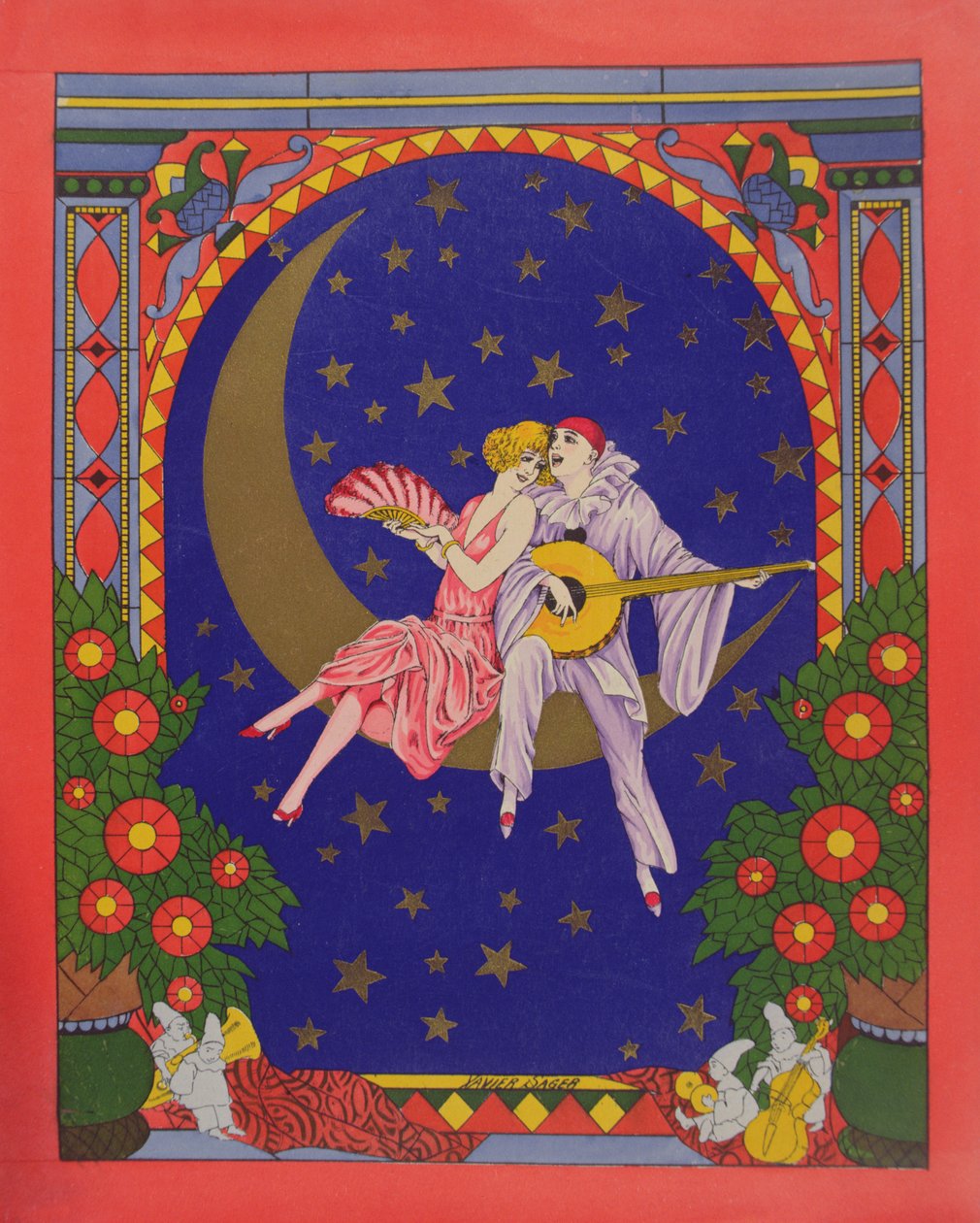 Pierrot ja Columbine (chromolitho) tekijältä Xavier Sager