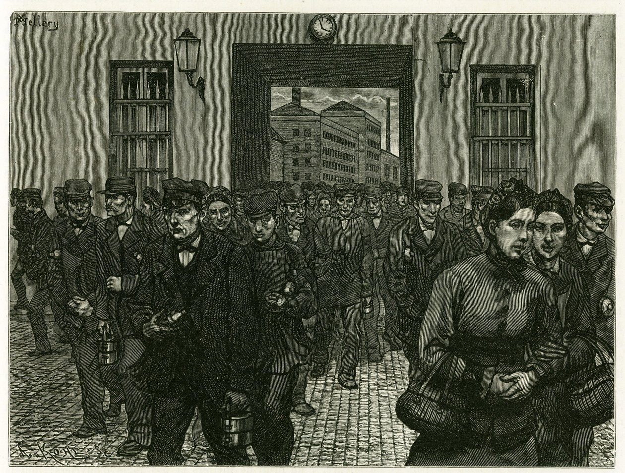 Tehtaan uloskäynti Gentissä. Kaiverrus X. Mellery, luonnon mukaan havainnollistamaan tarinaa "" Belgia"", vuonna 1888, Camille Lemonnierin (1844-1913), taidekriitikko ja kirjailija. Julkaistu Tour du mondessa, 2. lukukausi 1883, toimittanut Edouard Charton tekijältä Xavier Mellery