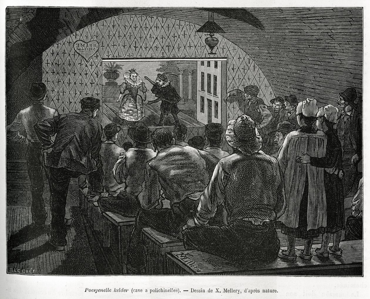 Kellari a Polichinelles, nukketeatteriin suunniteltu kellari. X.Melleryn kaiverrus Belgian tarinan havainnollistamiseksi, Camille Lemonnier, julkaistu Tour du mondessa, toimittanut Edouard Charton (1807-1890) tekijältä Xavier Mellery