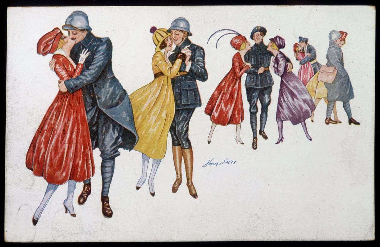 Armeija ja heidän morsiamensa, marainnes tai ystävät - kuvitus Xavier Sager (1870-1930) postikortti, v.1915 tekijältä Xavier Sager