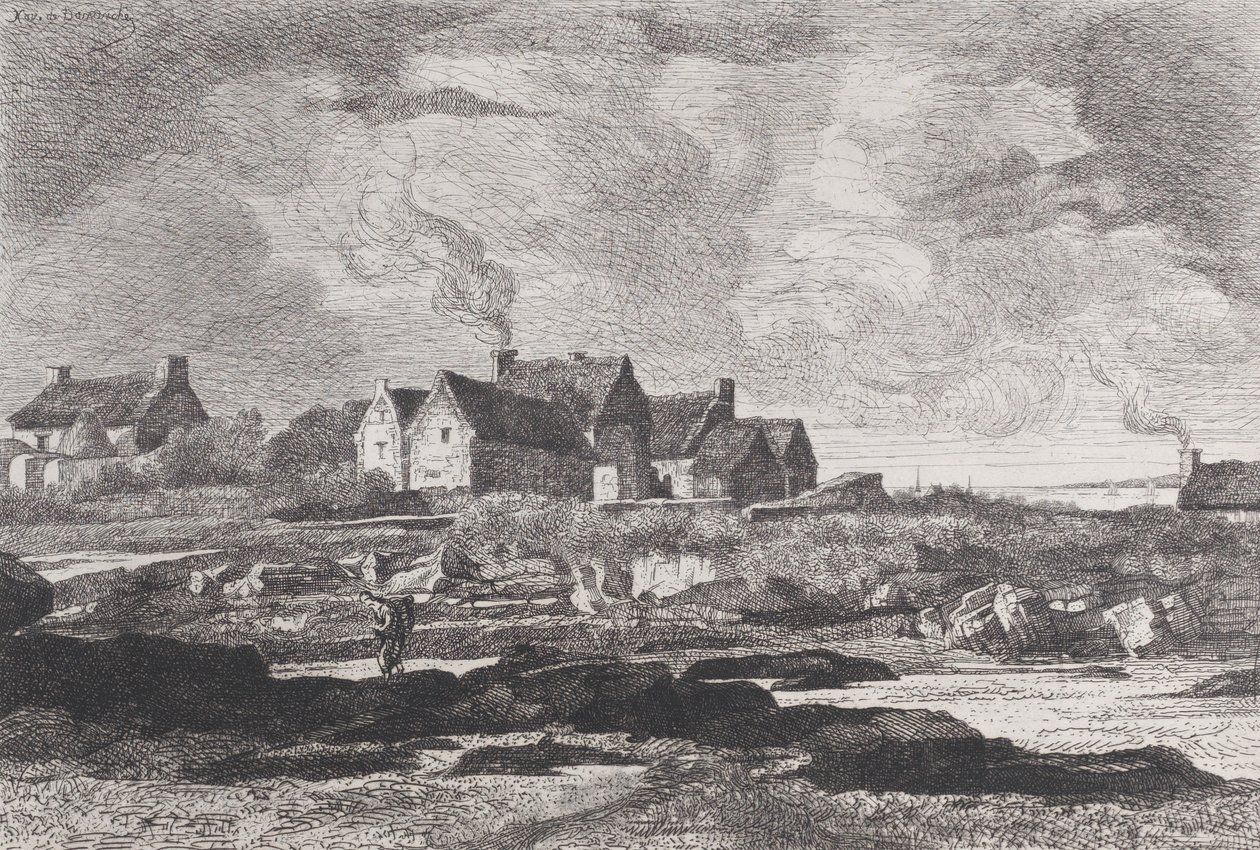 Maalaismaisema, jossa oikealla virtaava joki ja taustalla taloja, 1845-75. tekijältä Xavier de Dananche