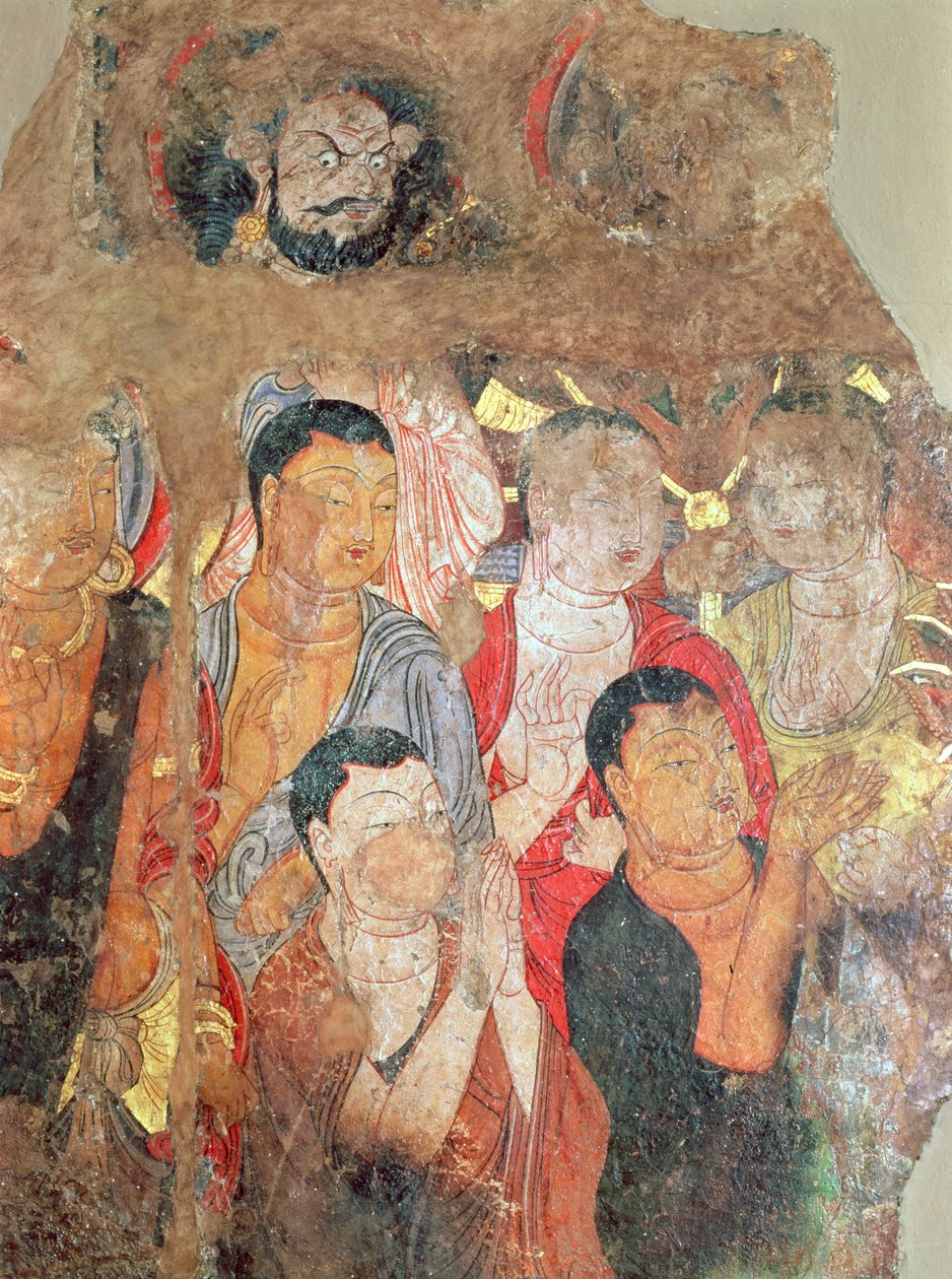 Ryhmä munkkeja ja Buddha, Shikshinin luostarista, Karashar, 9.-10. vuosisadalla (fragmentti maalauksesta) tekijältä Xingjiang