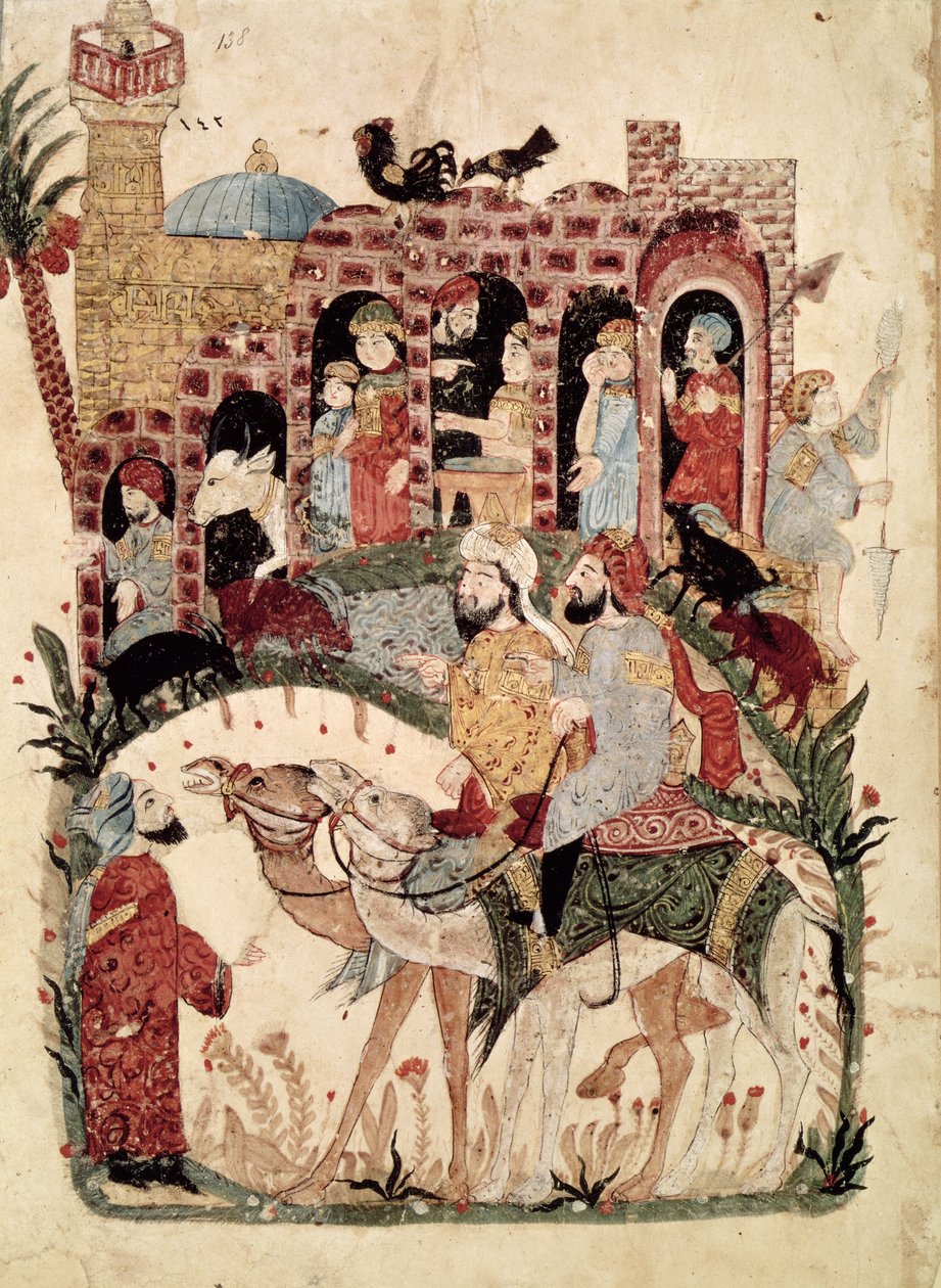 Ms Ar 5847 f.138, Abu Zayd ja Al-Harith kuulustelivat kyläläisiä, Al-Haririn Al Maqamatista (Kokoukset), n. 1240 tekijältä Yahya ibn Mahmud Al Wasiti