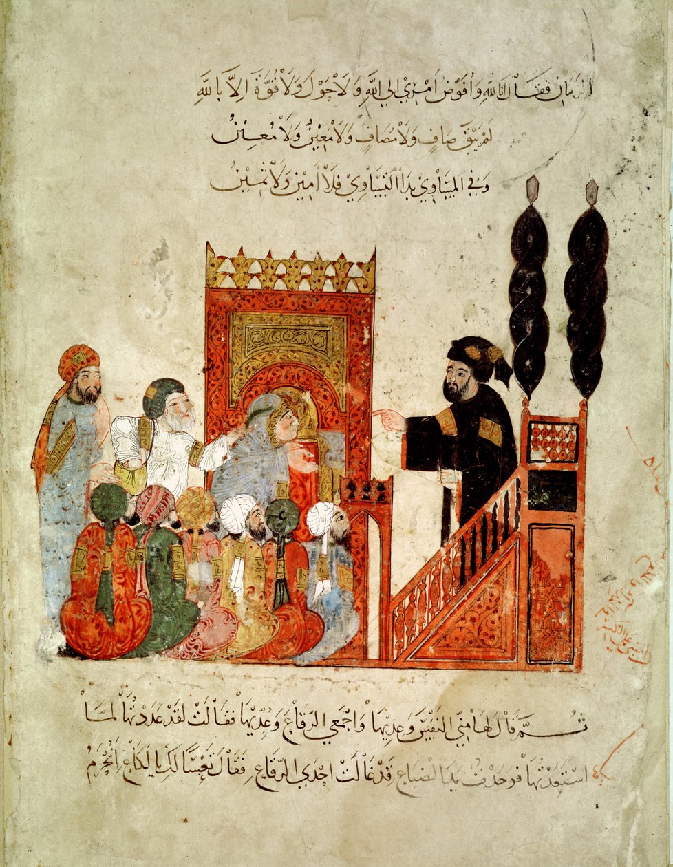 Ms Ar 5847 f.18v, Abou Zayd saarnaamassa moskeijassa, Al-Haririn teoksesta "Al Maqamat" (Kokoukset), n. 1240 (guassi vellum) tekijältä Yahya ibn Mahmud Al Wasiti