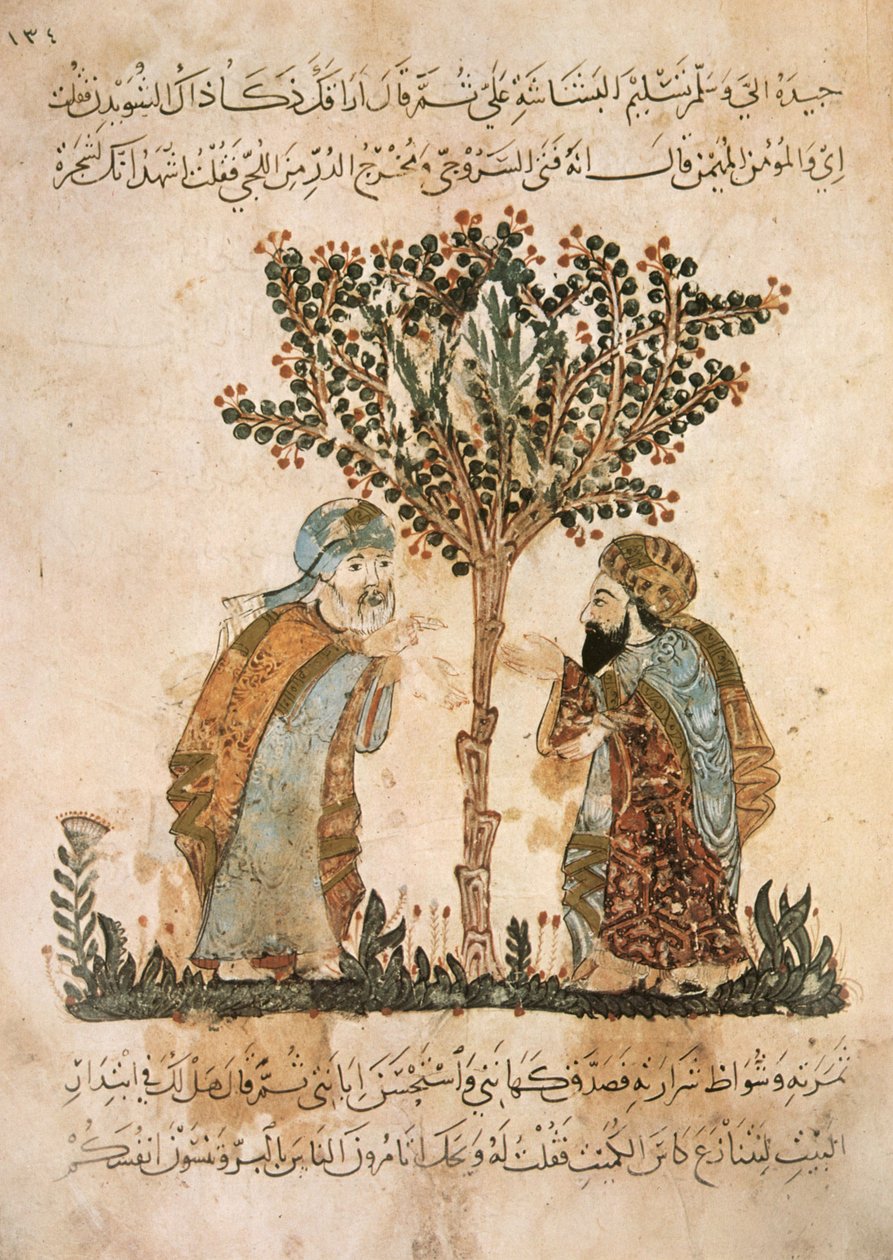 Ms Ar 5847 f.121, Abou Zayd puhumassa Al-Harithin kanssa, Al Haririn kirjoittamasta Al Maqamatista, noin 1240 (guassi pergamentilla). tekijältä Yahya ibn Mahmud Al-Wasiti