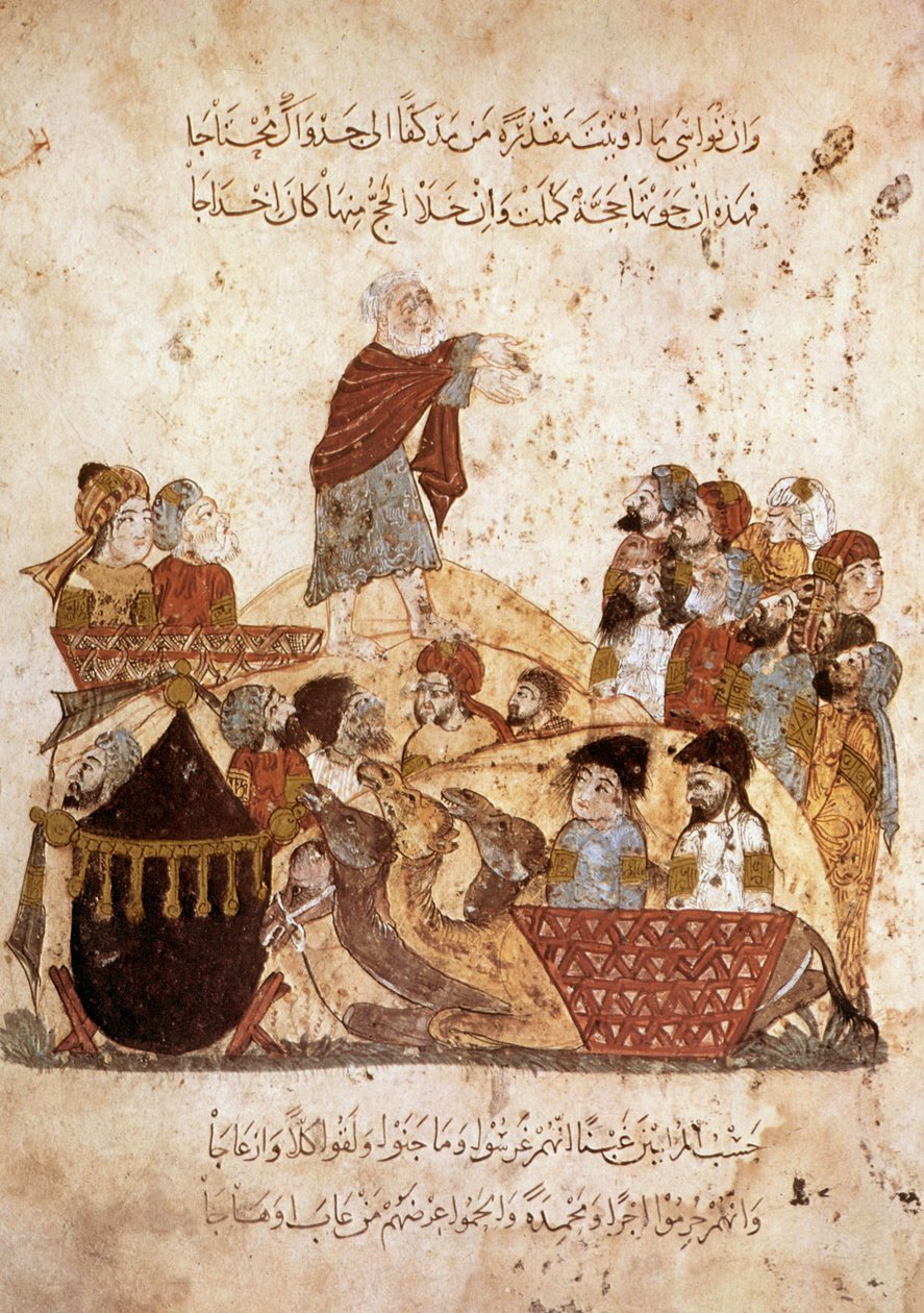 Ms Ar 5847 f.29, Abou Zayd saarnaamassa pyhiinvaeltajien karavaania varten, Al Haririn Maqamatista, n. 1240 (guassi vellumillä) tekijältä Yahya ibn Mahmud Al Wasiti