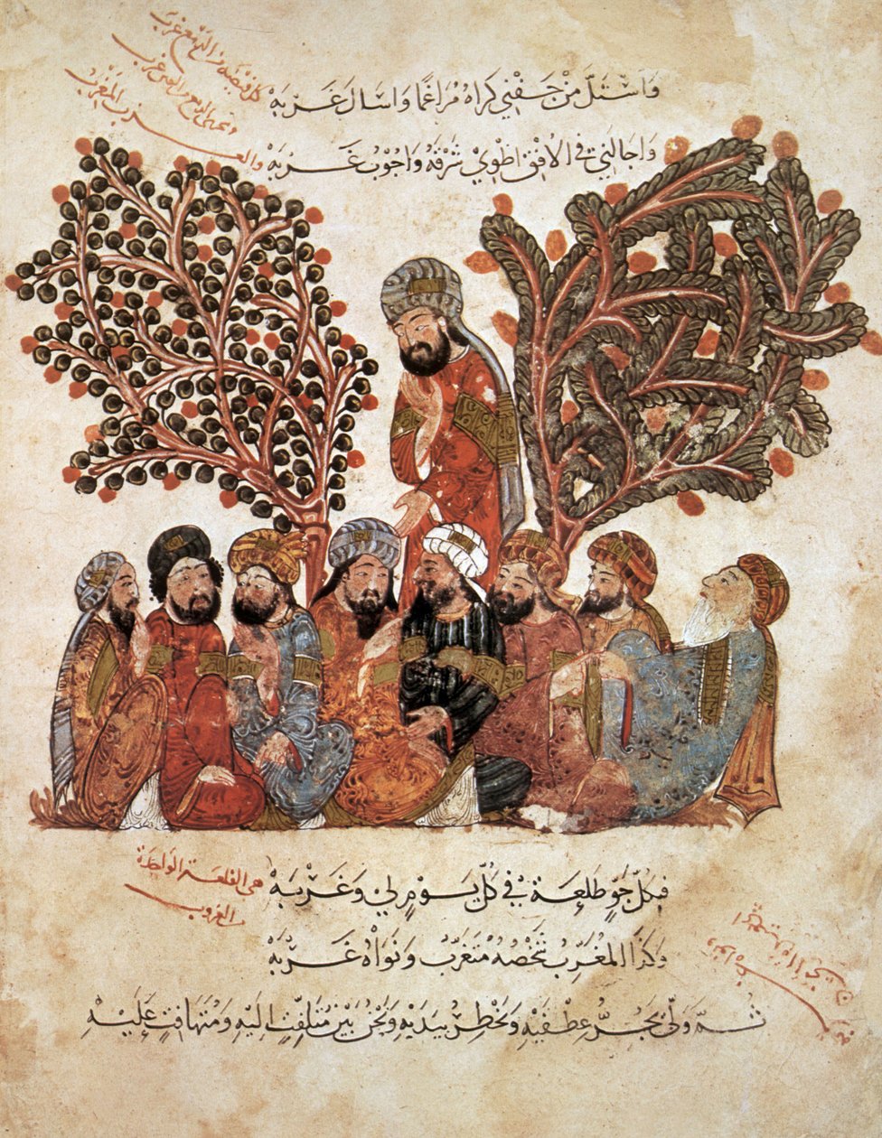 Ms Ar 5847 f.51, Al-Harith eroamassa kumppaneistaan, Al Haririn Al Maqamat, n. 1240 (guassi vellum) tekijältä Yahya ibn Mahmud Al Wasiti