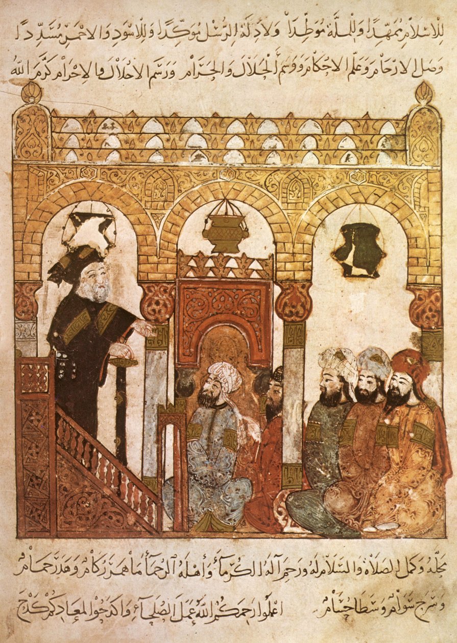 Ms Ar 5847 f.84, Abou Zayd saarnaamassa moskeijassa Samarkhandissa, Al Haririn Maqamatista, n. 1240 (guassi vellum) tekijältä Yahya ibn Mahmud Al Wasiti