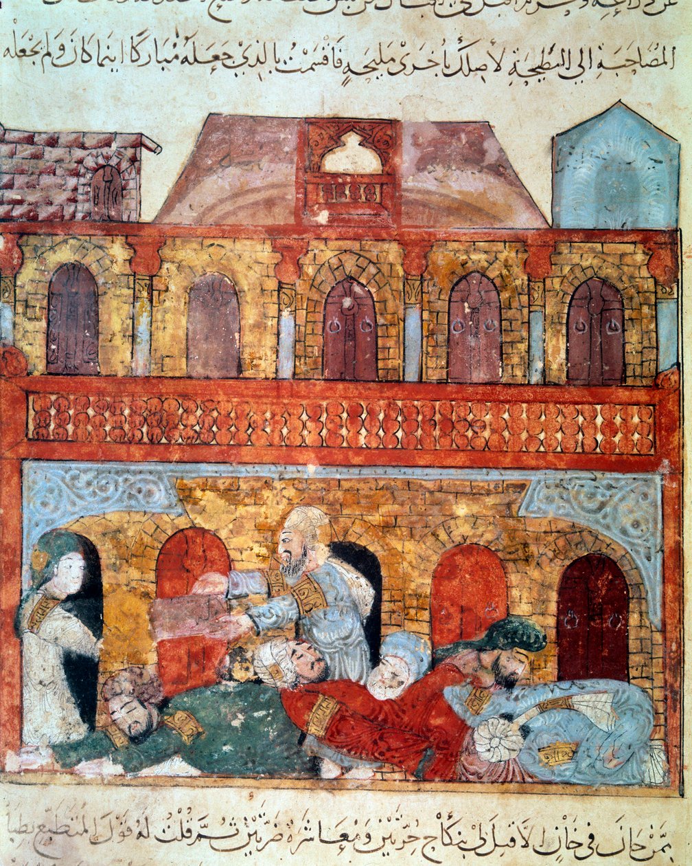 Vaeltava navigaattori Abu Zayd (Abu Zayd, Abu Zayd) ja nukkuvat kauppiaat Abu Mohammed al-Kasim ibn Ali Hariri (1054-1122) Yahya Mahmud al-Wasitin (al-Wasiti) valaisina vuonna tekijältä Yahya ibn Mahmud Al Wasiti