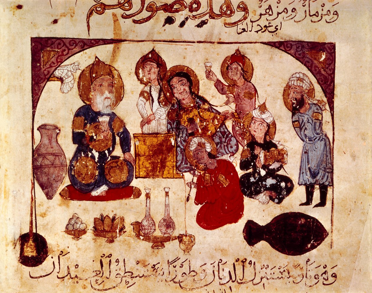 Abou-Zayd Hanah-tavernassa, pienoiskuva teoksesta "Maqamat" (Sanonnat), ms. 3929, fol. 34v tekijältä Yahya ibn Mahmud Al Wasiti