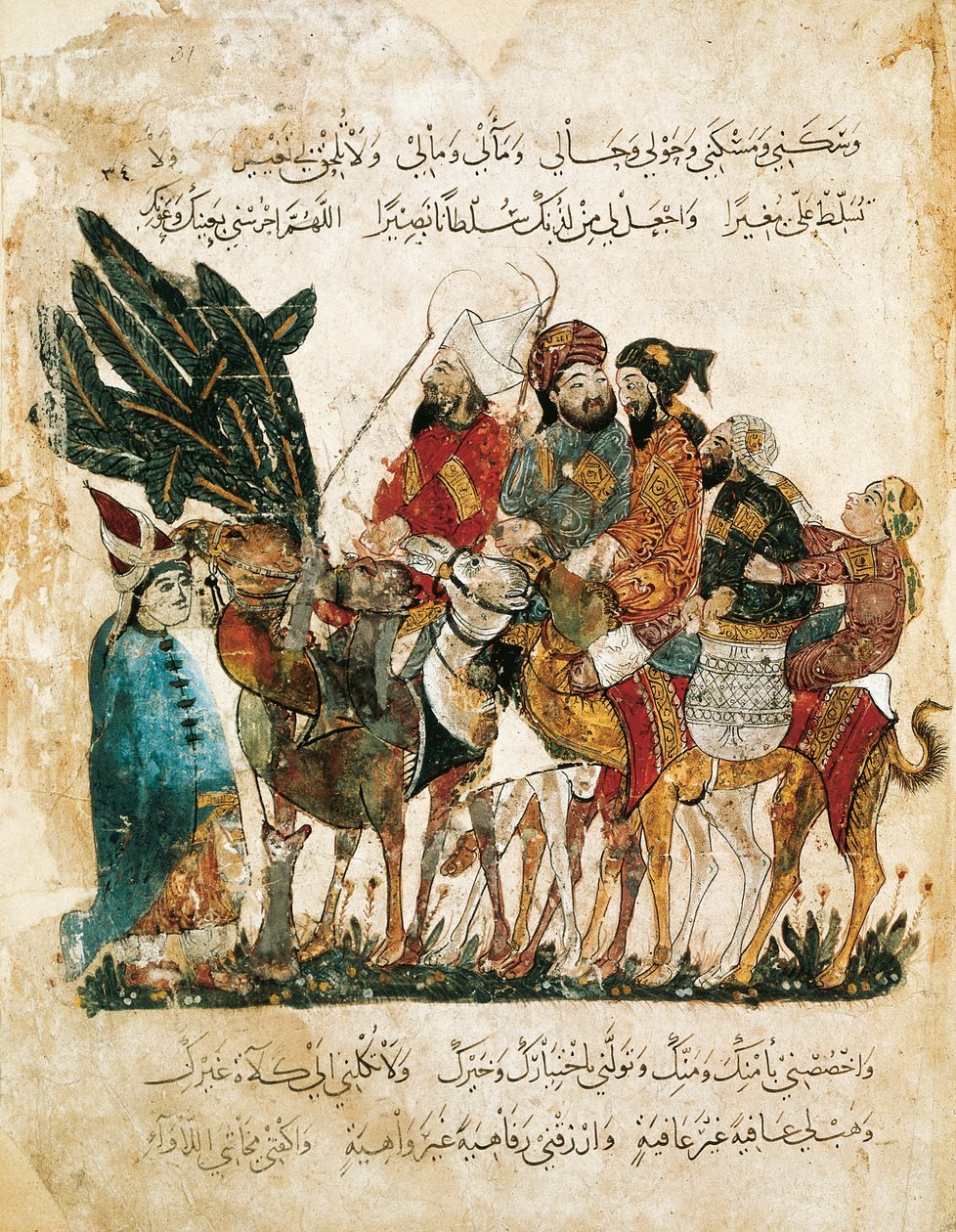 Arabialaisten kauppiaiden karavaani, Al-Haririn pienoismalli Maqamatista (Kokoukset), n. 1240 (guassi velumilla) tekijältä Yahya ibn Mahmud Al Wasiti