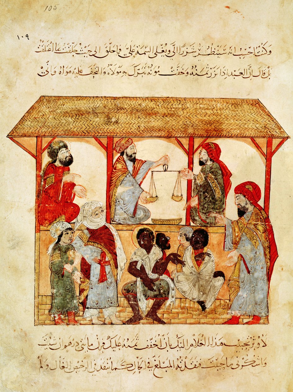 Ms. Ar 5847 f.105, A Slave Market, "Al Maqamat" tekijältä Yahya ibn Mahmud Al Wasiti