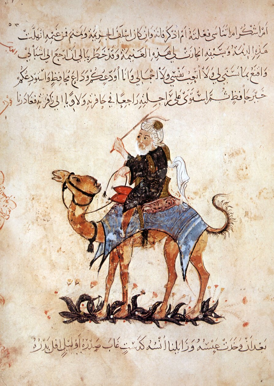 Ms Ar 5847 f.51, Abou Zayd kamelin selässä, Al Haririn Maqamatista, n. 1240 (guassi vellum) tekijältä Yahya ibn Mahmud Al Wasiti