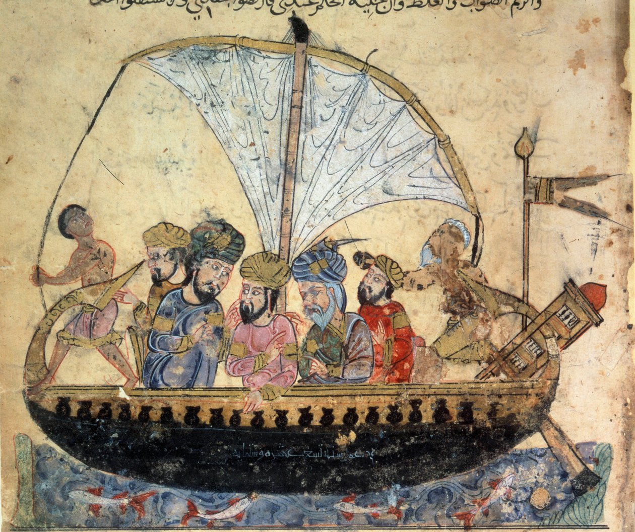 porvarillinen al-Harith (Al Harith), Hammamin poika, ja vaeltava merenkulkija Abu-Zayd (Abu Zayd) Eufratilla purjehtivassa veneessä Abu Mohammed al-Kasim ibn Ali Haririn "Maqamatista" (Seanssit) (tai Al-Hariri tai Al Hariri) (1054-1122) kirjoittaja tekijältä Yahya ibn Mahmud Al Wasiti